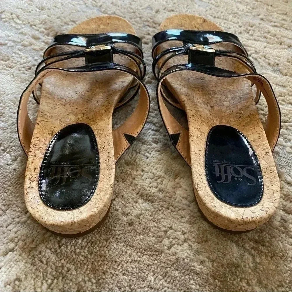 Sofft Patent Leather Cork Sole Flat Strappy Black Sandals Slides: 6.5